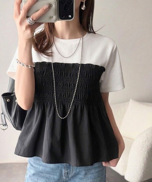 トップス Tシャツ ニット 半袖 春夏 きれいめ 通勤 春 ショート 夏 韓国ファッション シャツ 切り替えデザイン 都会的