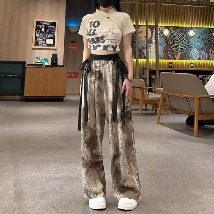 レディース パンツ プリント ワイド 春夏 カジュアル 春 夏 ロング ロングパンツ リボン ワイドパンツ ハイウエスト タイ ストレッチ ポリエステル