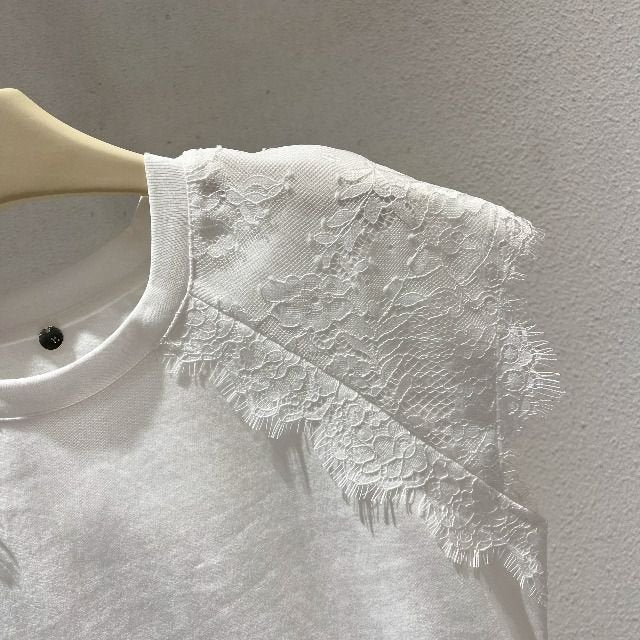 レディース トップス Tシャツ 半袖 コットン 綿 春夏 カジュアル プリーツ 春 ショート 夏 膝丈 ラウンドネック タイト レース シンプル 細身 クルーネック シャツ フレンチスリーブ タイ 着痩せ