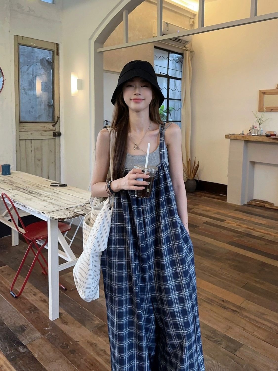 パンツ チェック柄 ゆったり ワイド 春夏 レトロ 体型カバー ミニ 春 夏 ロング サロペット フェミニン オールインワン