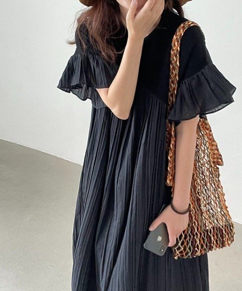 ワンピース 長袖 無地 夏 秋 春夏 プリーツ 韓国ファッション ラウンドネック シンプル リゾート 冬 ロング フリル