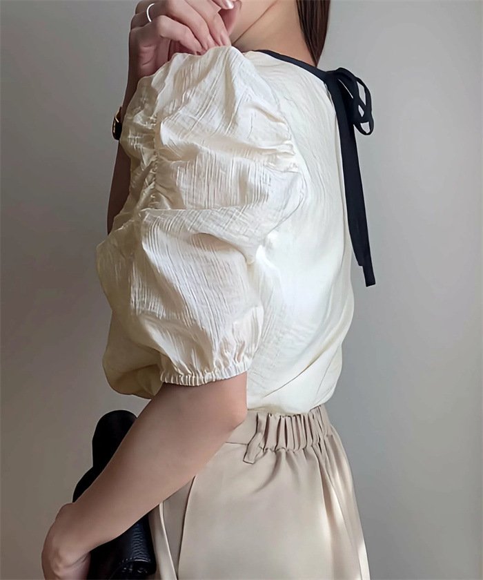 レディース シャツ トップス 半袖 ゆったり 春夏 カジュアル 前開き 春 夏 ラウンドネック タイト 細身 シフォン パフスリーブ 切り替えデザイン タイ レギュラー 柔らかい 着痩せ