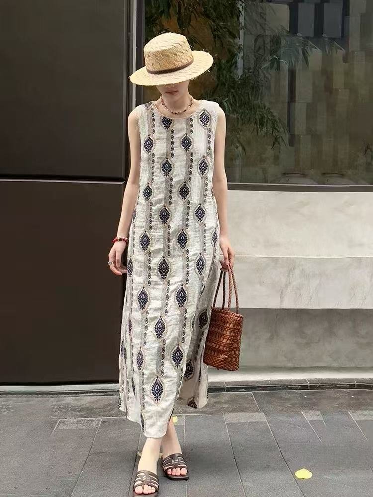 ワンピース ノースリーブ 春夏 きれいめ 袖なし 春 夏 ラウンドネック ロング 上品 クール