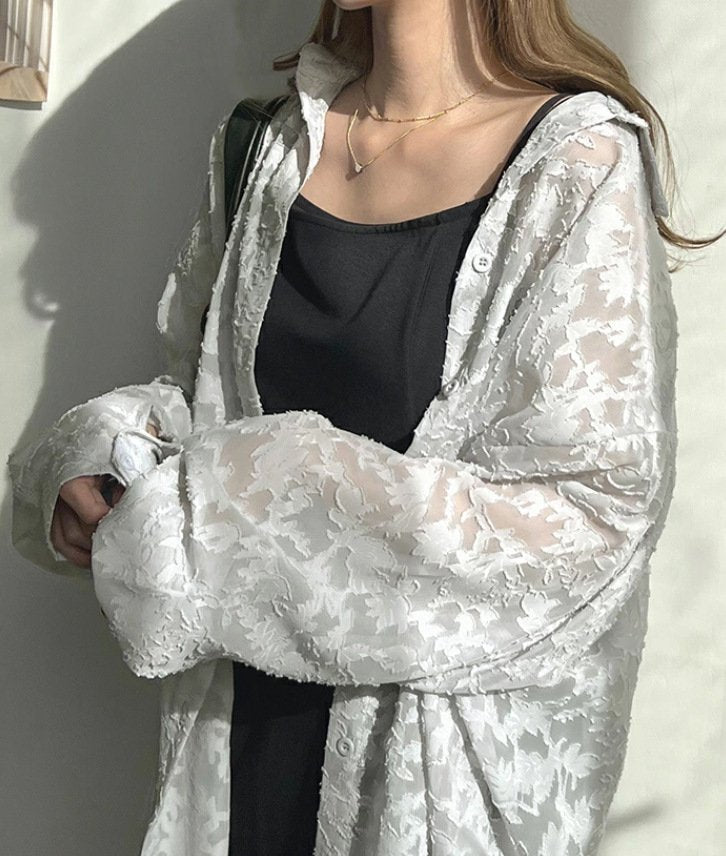シャツ トップス 長袖 無地 春夏 きれいめ 旅行 前開き 春 夏 レース シンプル 上品 シフォン ビーチ タイ レギュラー ポリエステル