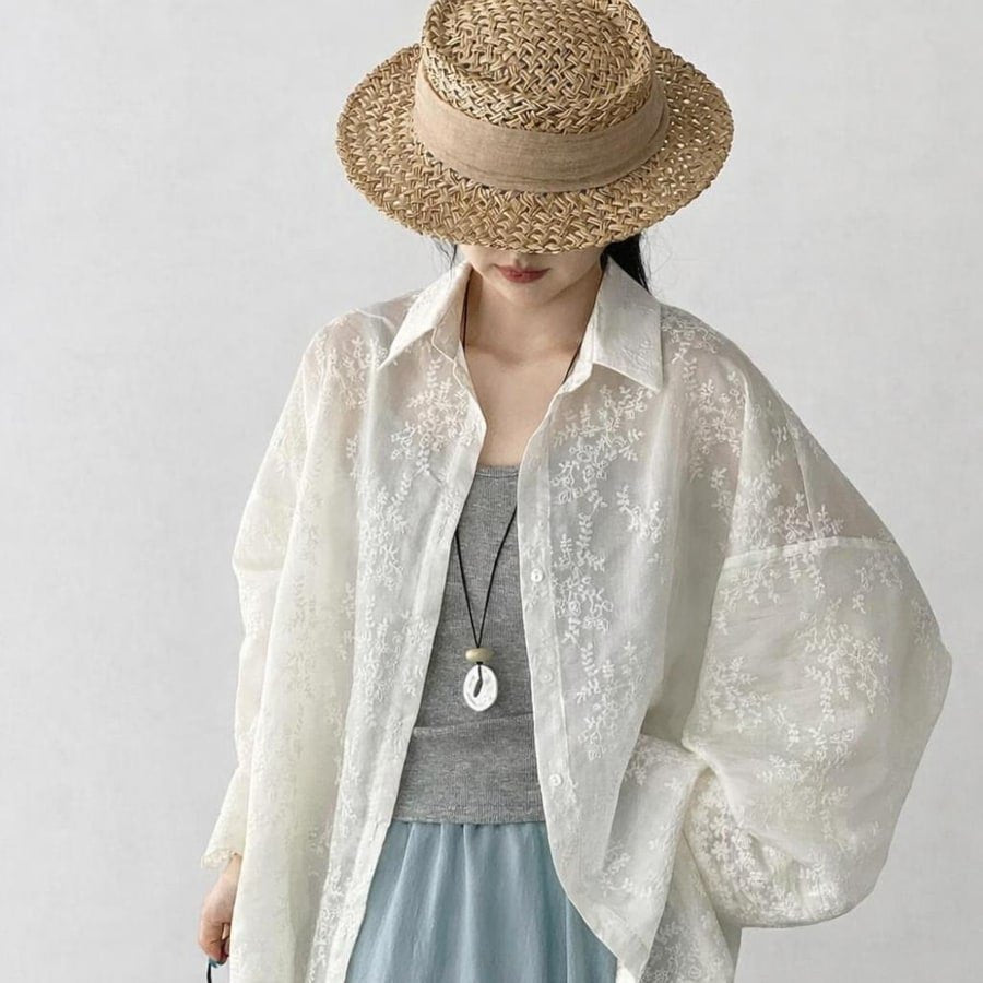 レディース シャツ ジャケット 長袖 無地 ゆったり コットン 綿 春夏 体型カバー 前開き 春 夏 膝丈 レース シンプル 刺繍 レースアップ ボタン ポリエステル UVカット