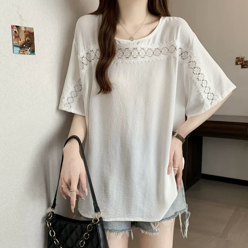 レディース シャツ トップス Tシャツ 半袖 無地 ゆったり 春夏 きれいめ 通勤 大きいサイズ おしゃれ 体型カバー 前開き 春 夏 ラウンドネック タイト レース シンプル 細身 シフォン タイ 都会的 レギュラー 着痩せ