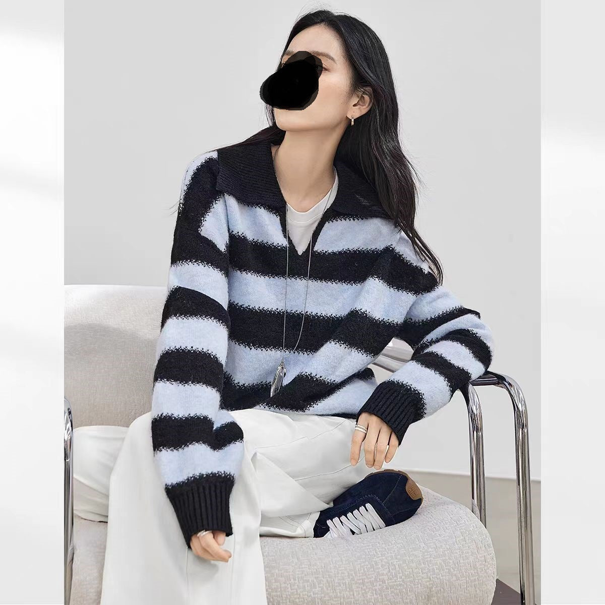 レディース トップス ニット プルオーバー 長袖 Vネック 襟付き ワイド ストレート かわいい 大人可愛い きれいめ シンプル カジュアル おしゃれ かっこいい エキゾチック こなれ感 個性的 主役級 存在感 抜け感 都会的 ボーダー 春 秋 冬 ロングシーズン ママ 学生 学校 通学 デート お出かけ イベント 女子会 合コン フェス 重ね着 韓国 オルチャン 体型カバー 普段使い 着回し インスタ映え お食事会 ゆったり ゆる フリーサイズ 茶色 青