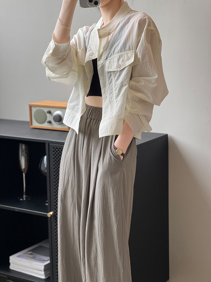 レディース シャツ コート 長袖 夏 韓国風 春夏 前開き ショート 薄手 スタンドカラー アウター ボタン ポリエステル