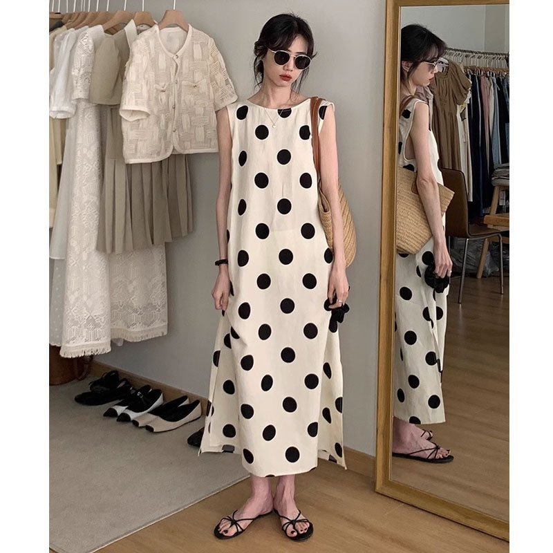 ワンピース ノースリーブ 春夏 袖なし 春 夏 ラウンドネック ドット リゾート ロング 大きい
