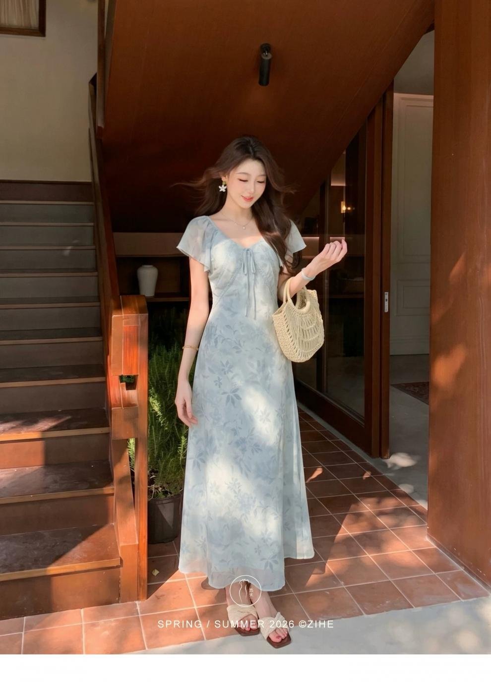 ワンピース ドレス 半袖 花柄 春夏 カジュアル Vネック 春 夏 リゾート ロング フリル ピンク オレンジ Aライン