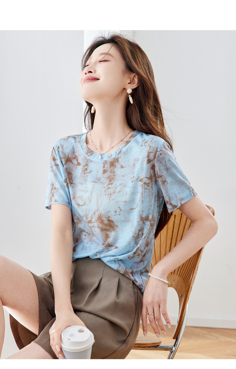 レディース トップス Tシャツ 半袖 プリント ゆったり スリム 春夏 きれいめ 春 夏 膝丈 ラウンドネック 上品 シャツ 切り替えデザイン タイ 丸首
