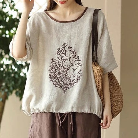レディース トップス カットソー プルオーバー パイピング Tシャツ 半袖 ラウンドネック ストリート ハイウエスト ドロスト リネン 綿 コットン 麻 かわいい 大人可愛い きれいめ シンプル カジュアル おしゃれ レトロ プレッピー アクティブ ナチュラル リーフ ボタニカル 夏 お出かけ イベント リゾート 旅行 公園 女子会 休日 楽ちん 普段使い 着回し M L XL 2XL 3XL 4XL 小さいサイズ 大きいサイズ ビッグ ゆったり ゆる 茶色 ブラウン オフホワイト ベージュ オレンジ