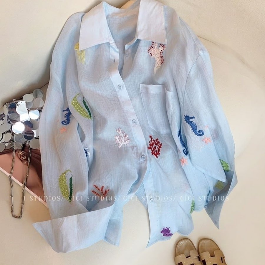 レディース シャツ 半袖 長袖 アニマル柄 春夏 前開き ミニ 春 夏 刺繍 ロング シフォン 切り替えデザイン 襟付き ブルー フェミニン ボタン UVカット