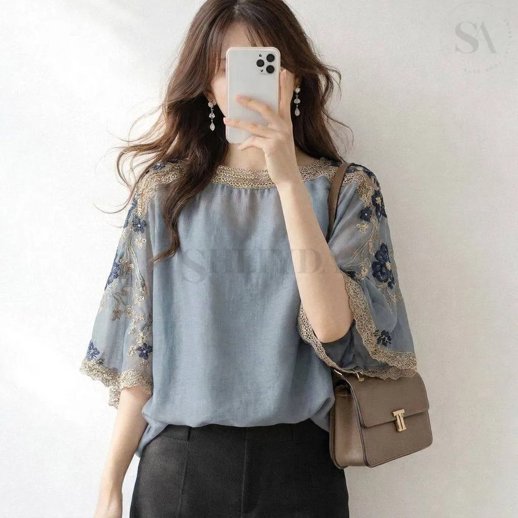 トップス 5分袖 花柄 ゆったり 春夏 体型カバー 春 夏 ラウンドネック フラワー レース 刺繍 薄手 レギュラー