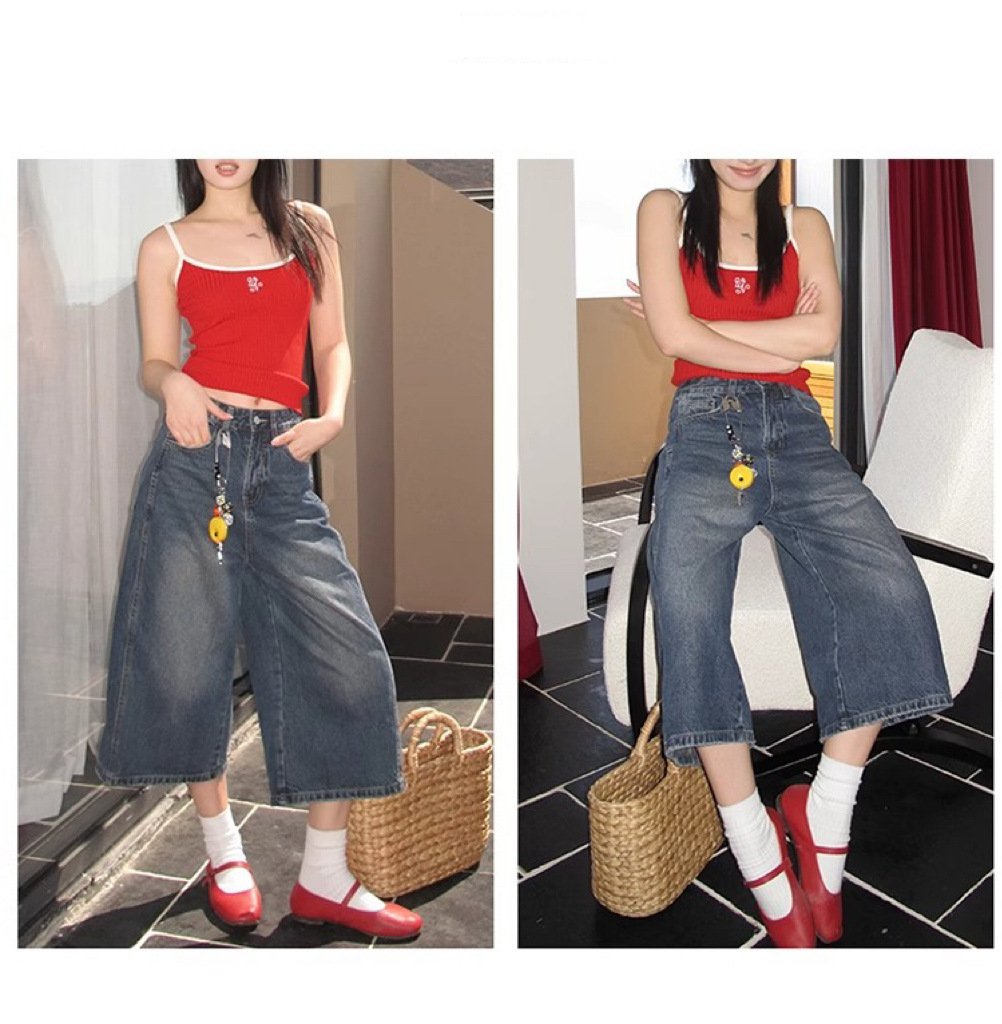 レディース パンツ ゆったり スリム コットン 綿 デニム 春夏 カジュアル アメリカン 春 夏 ストレート 切り替えデザイン デニムパンツ ハイウエスト ヴィンテージ ポリエステル