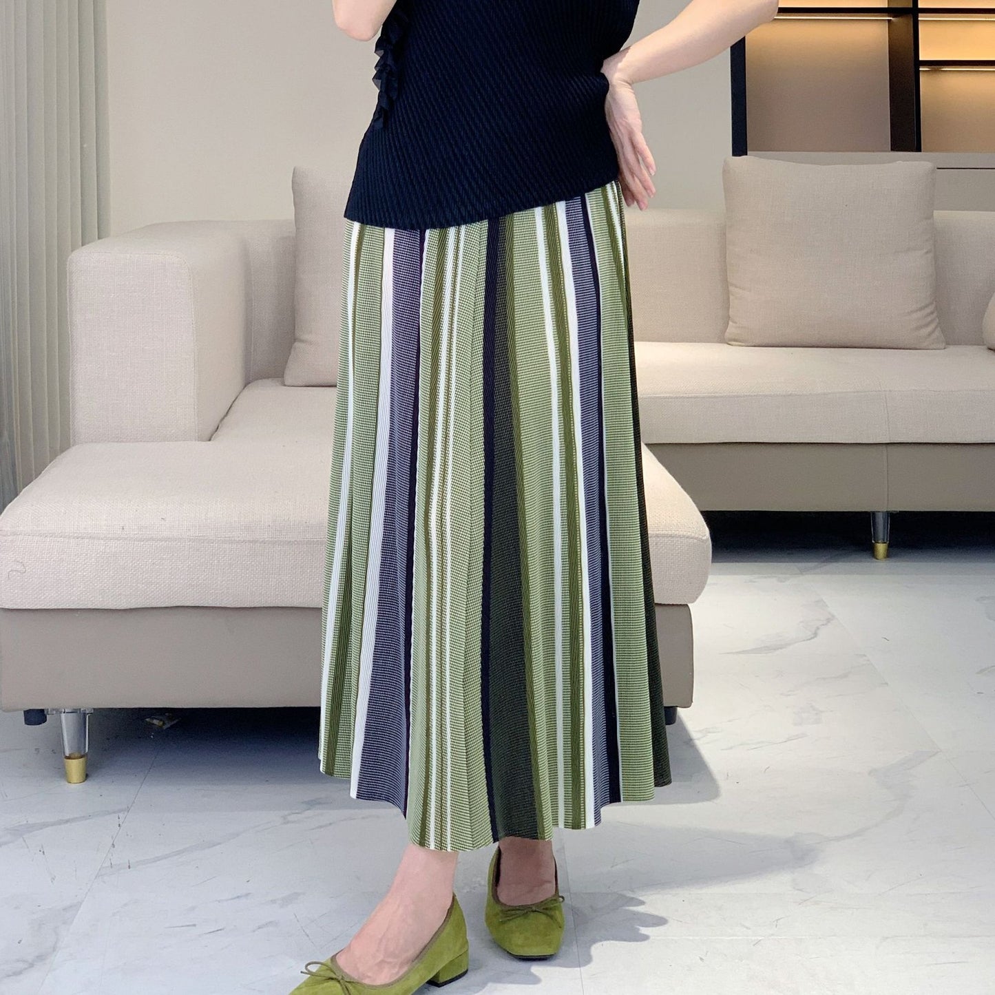 スカート ボーダー ストライプ ゆったり 春夏 カジュアル プリーツ 春 夏 ミモレ Aライン ポリエステル 快適 着痩せ