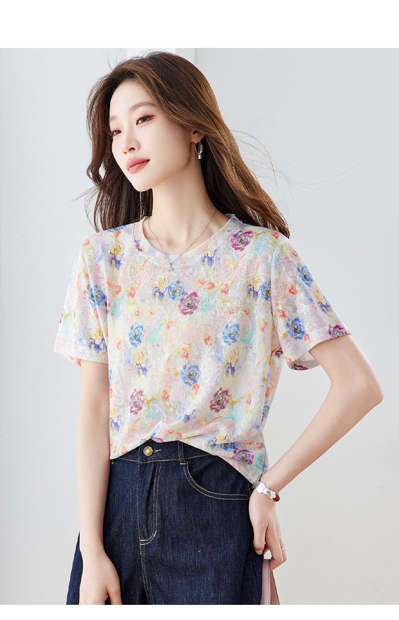 レディース トップス Tシャツ 半袖 花柄 ゆったり スリム 春夏 きれいめ おしゃれ 春 夏 膝丈 ラウンドネック 上品 クルーネック シャツ ラフ