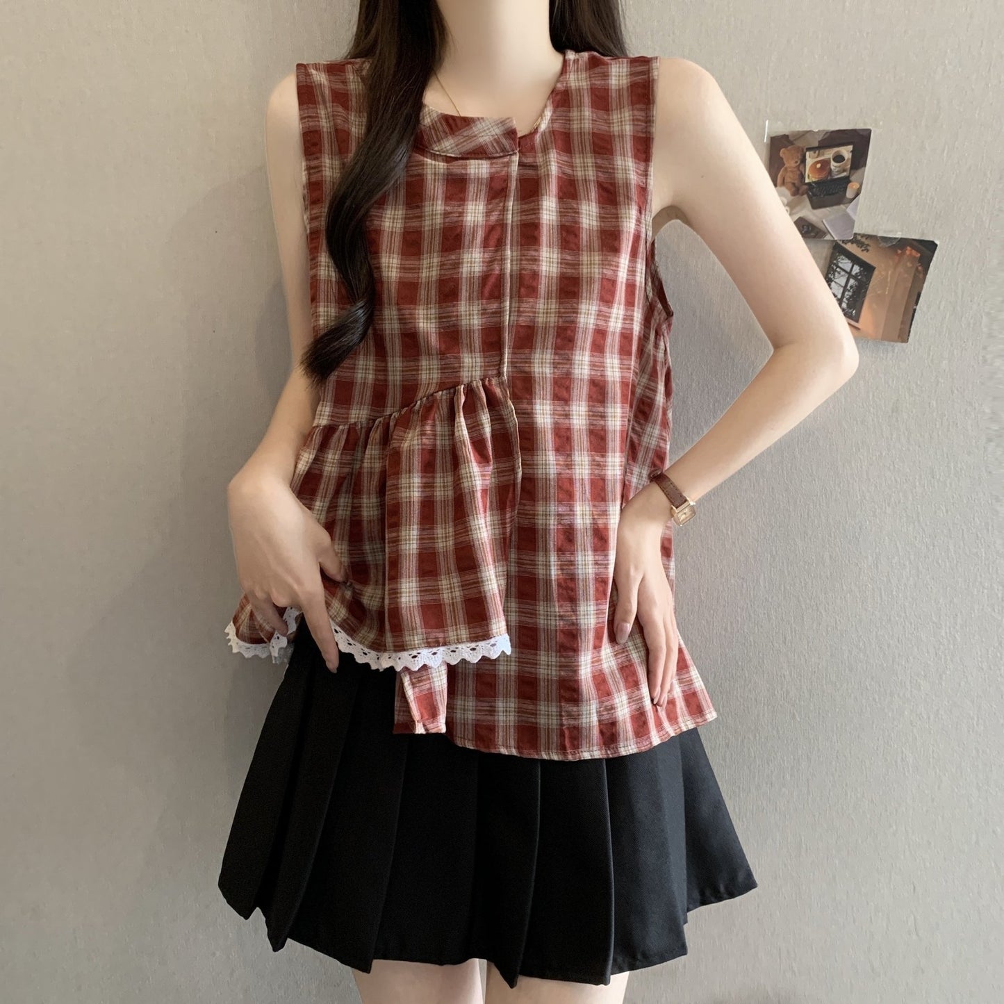 レディース シャツ チェック柄 春夏 きれいめ 大きいサイズ 前開き 春 夏 レース 上品 フリル Aライン レギュラー ポリエステル