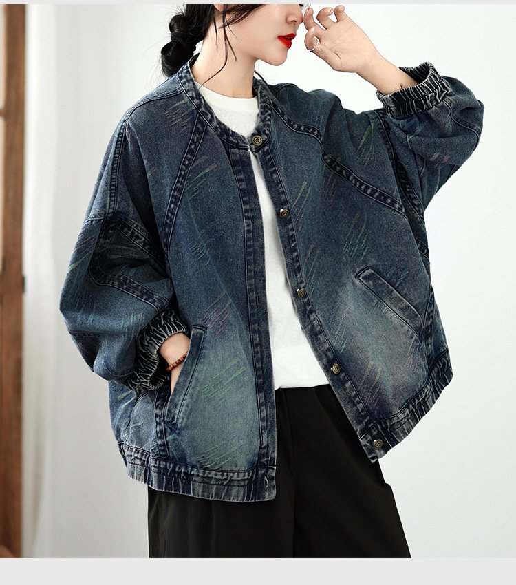 レディース カーディガン ジャケット 長袖 プリント ゆったり デニム 春夏 カジュアル レトロ 体型カバー 大きいサイズ 春 ショート 夏 ラウンドネック 秋 冬 アウター デニムジャケット 秋冬