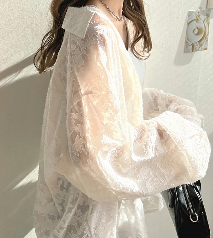 シャツ トップス 長袖 無地 春夏 きれいめ 旅行 前開き 春 夏 レース シンプル 上品 シフォン ビーチ タイ レギュラー ポリエステル