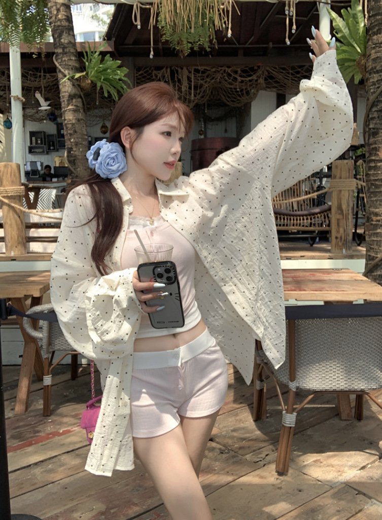 レディース シャツ トップス ジャケット 長袖 ドット柄 ゆったり 春夏 カジュアル 体型カバー 韓国風 前開き 春 夏 ホワイト 薄手 襟付き レギュラー ボタン ポリエステル UVカット ドット