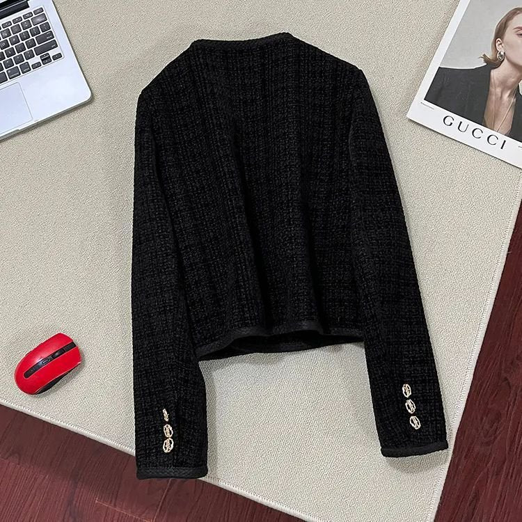 コート ジャケット 長袖 花柄 無地 秋冬 秋 きれいめ ショート ラウンドネック シンプル 冬 黒 上品 厚手 タイ ベルベット ポリエステル 丸首