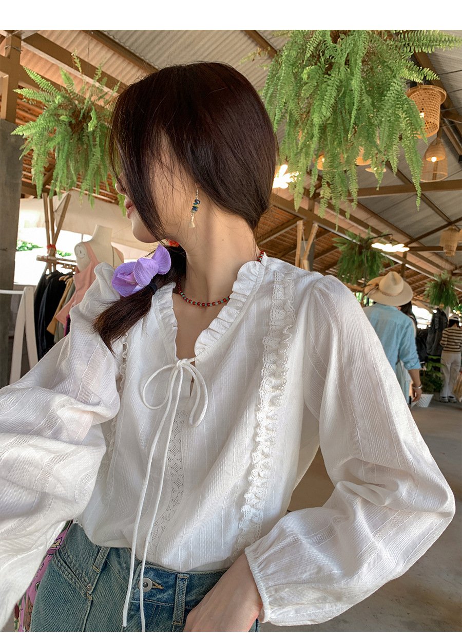 レディース ブラウス シャツ 長袖 無地 コットン 綿 春夏 きれいめ 通勤 オフィス 前開き 春 白 夏 秋 レース シンプル 上品 プルオーバー レースアップ レギュラー 白シャツ