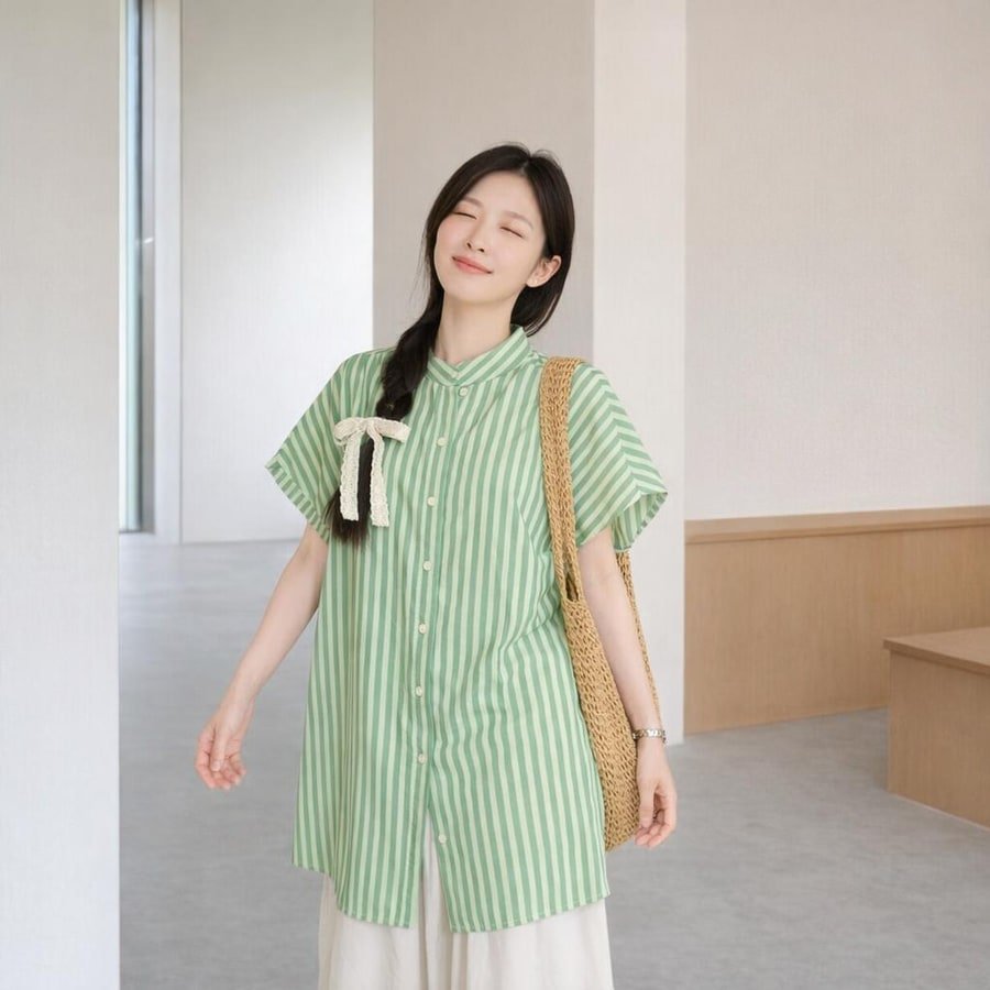 レディース シャツ トップス パンツ ボーダー ストライプ 無地 ゆったり 春夏 カジュアル きれいめ レトロ 前開き ミニ 春 夏 シンプル 上品 ロング 切り替えデザイン スーツ フェミニン タイ アプリコット セットアップ グリーン ポリエステル