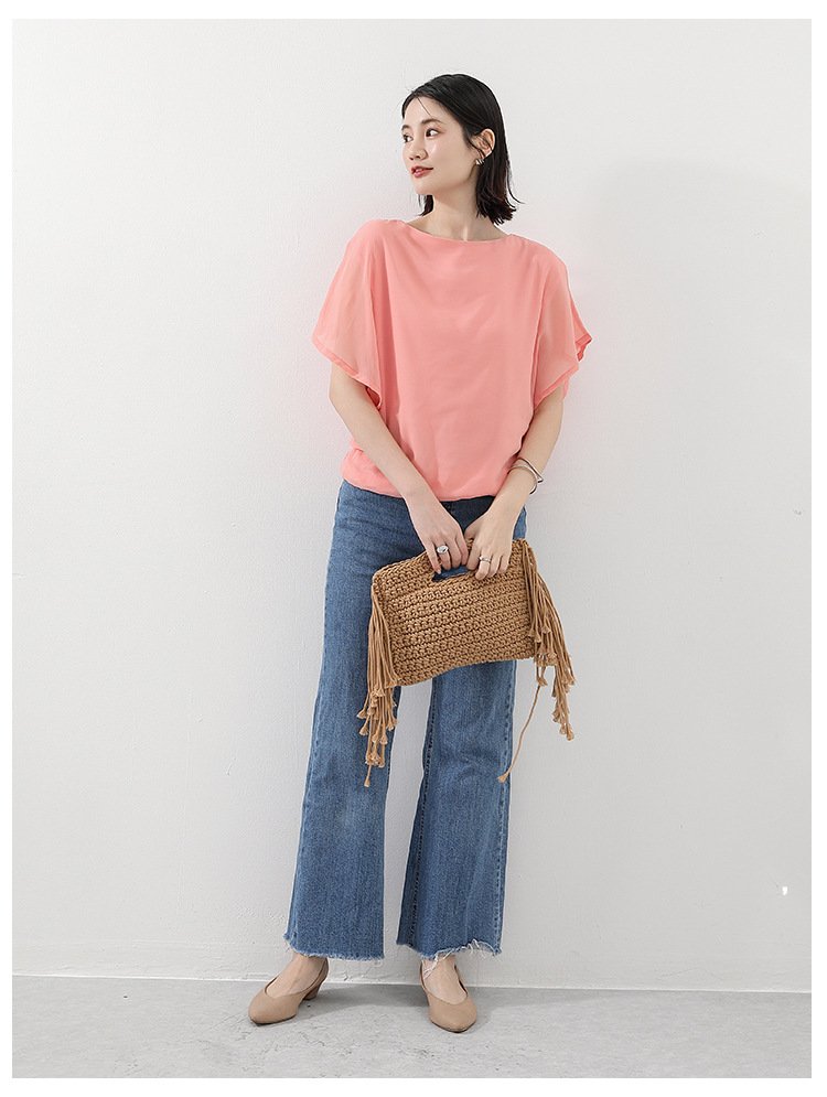 トップス Tシャツ 半袖 無地 ゆったり スリム 春夏 きれいめ 通勤 体型カバー 春 夏 ラウンドネック 上品 シフォン シャツ 薄手 丸襟 レギュラー ポリエステル