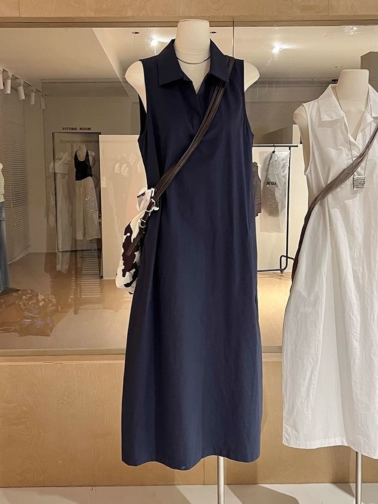 ワンピース ドレス ノースリーブ 無地 春夏 きれいめ 通勤 袖なし 春 白 夏 シンプル ロング 上品 襟付き ホワイト Aライン