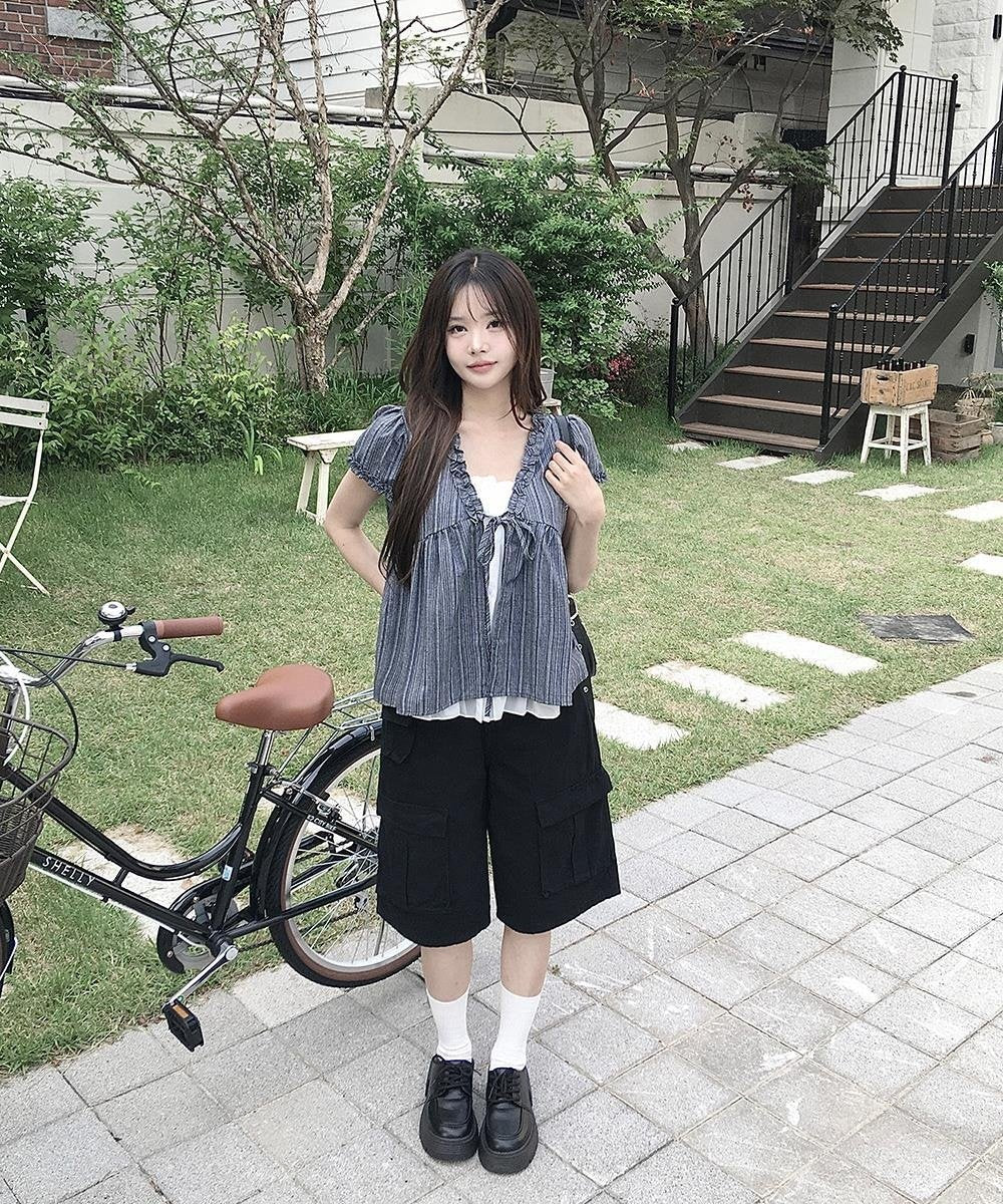 レディース シャツ トップス 半袖 ボーダー ストライプ 無地 ゆったり 春夏 きれいめ 体型カバー 韓国風 前開き Vネック 春 夏 シンプル 上品 リボン 切り替えデザイン プルオーバー レギュラー ポリエステル