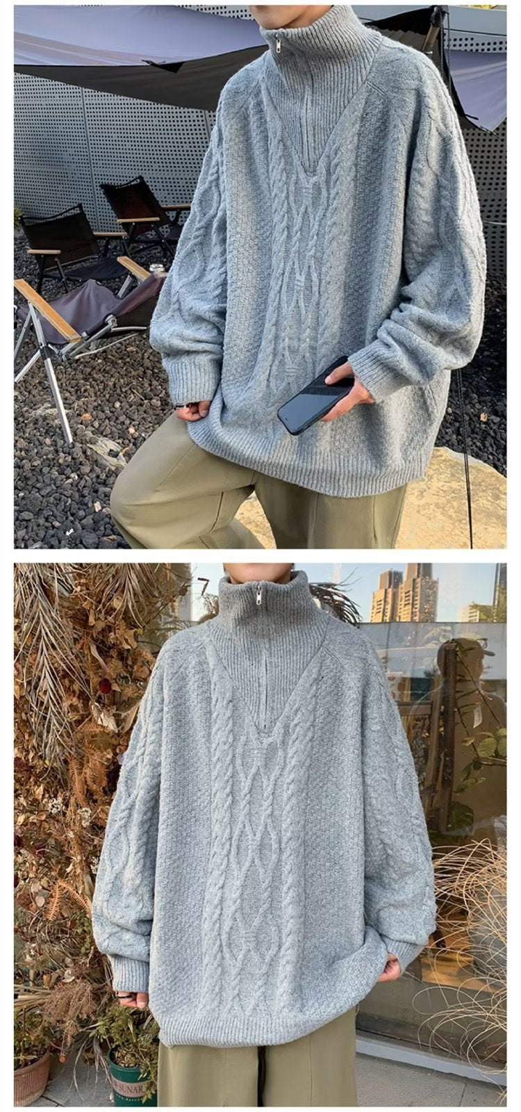 ニット ジャケット 長袖 ゆったり コットン 綿 麻 冬 体型カバー タートルネック セーター ハーフ ヴィンテージ