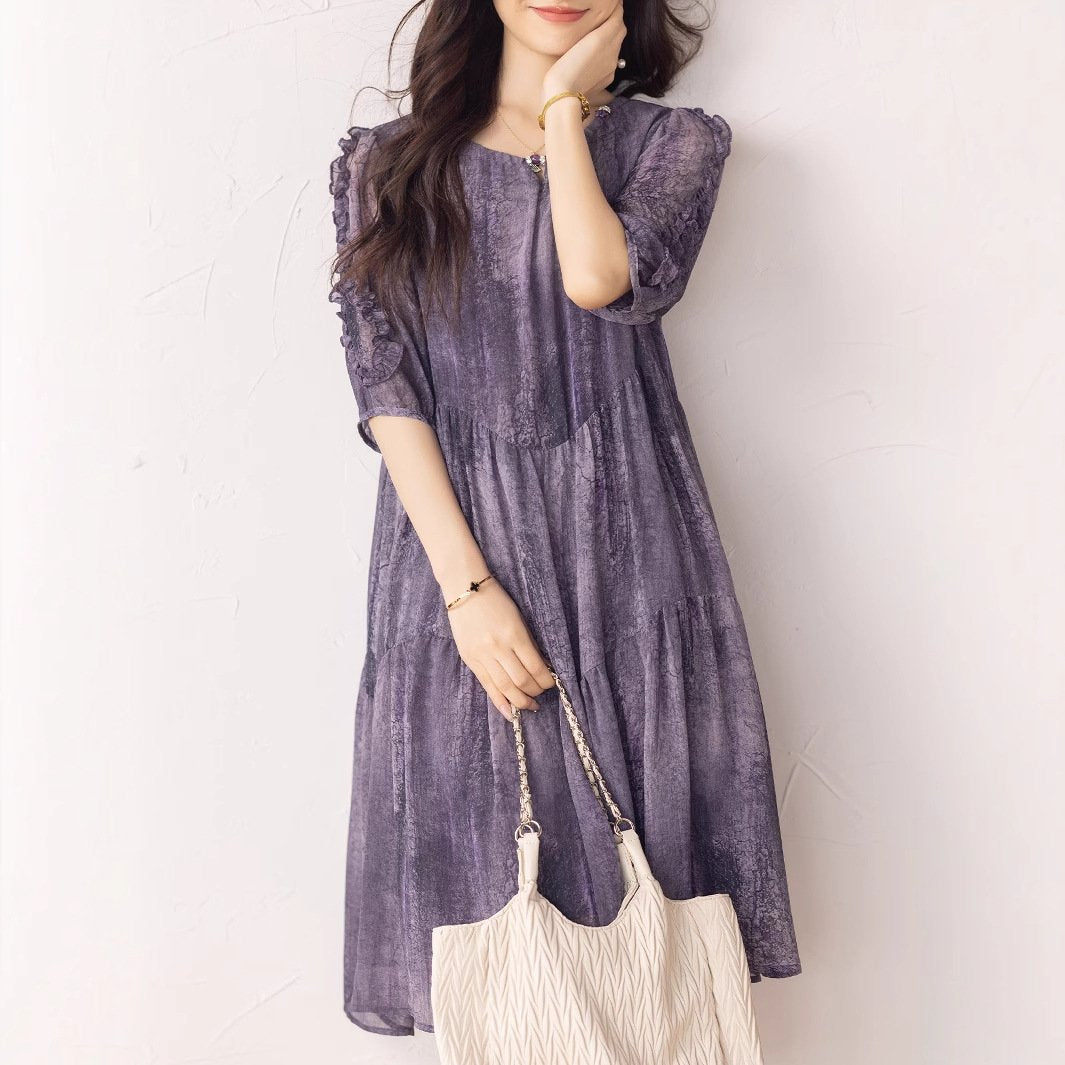 ワンピース 半袖 春夏 きれいめ 春 夏 ラウンドネック ミモレ シフォン 上品 ハイウエスト