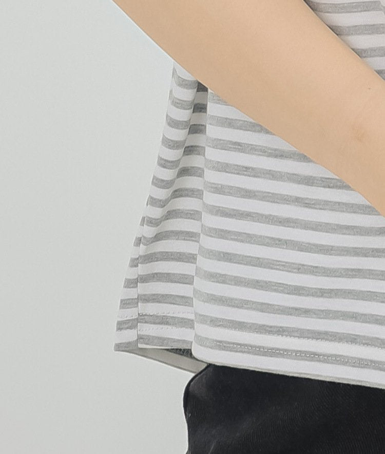 レディース トップス Tシャツ ニット 半袖 ボーダー ストライプ チェック柄 ゆったり コットン 綿 夏 体型カバー 春夏 膝丈 ラウンドネック シャツ