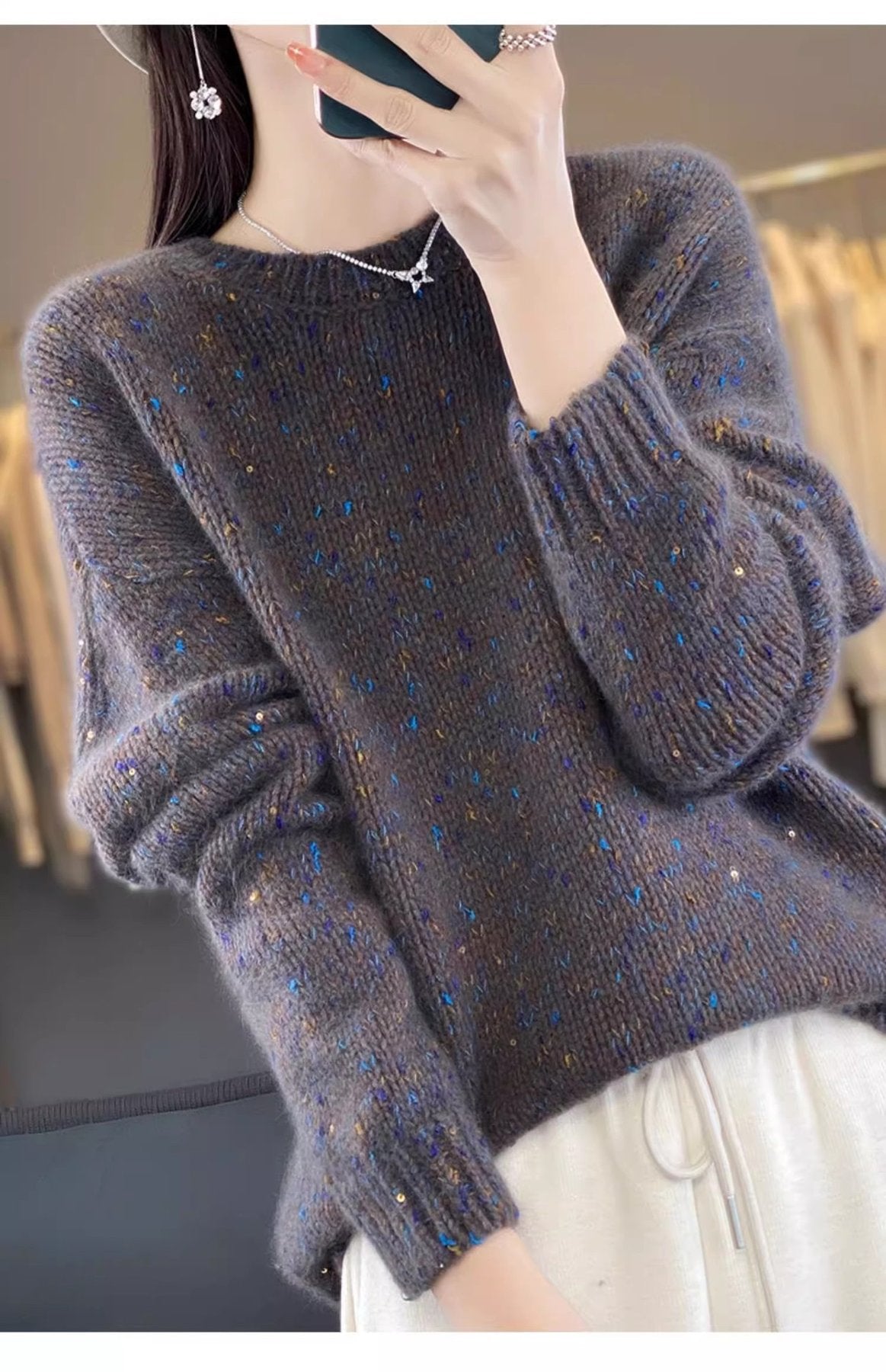 レディース トップス ニット 長袖 ゆったり 秋冬 秋 きれいめ 通勤 体型カバー 大きいサイズ 膝丈 ラウンドネック 冬 ウール セーター プルオーバー スパンコール インナー ポリエステル