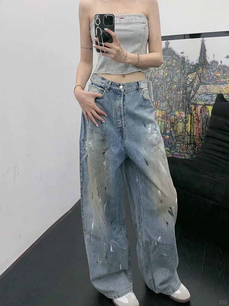 レディース パンツ ゆったり コットン 綿 デニム 春夏 カジュアル アメリカン 春 夏 ロング ストレート ラフ デニムパンツ ダメージ