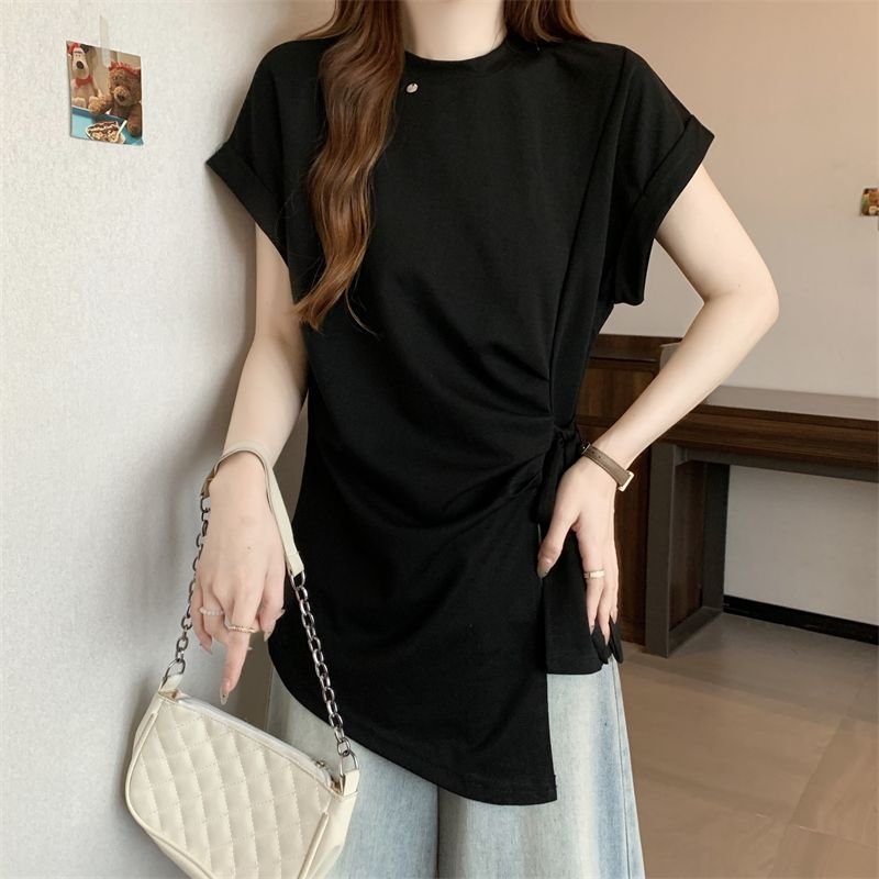Tシャツ 半袖 ゆったり 春夏 カジュアル 春 夏 ラウンドネック レース ミモレ シャツ タイ レースアップ