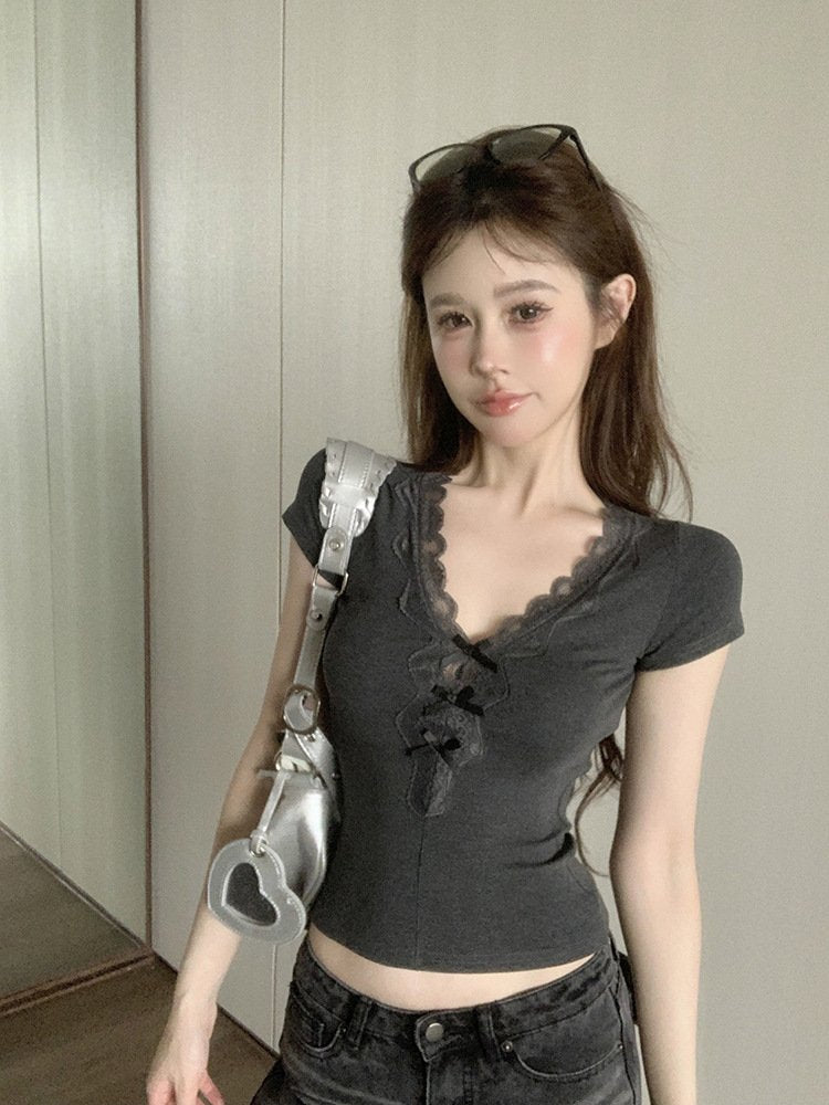 レディース トップス Tシャツ 半袖 スリム 夏 きれいめ 通勤 春夏 Vネック ショート レース グレー シャツ 切り替えデザイン 蝶