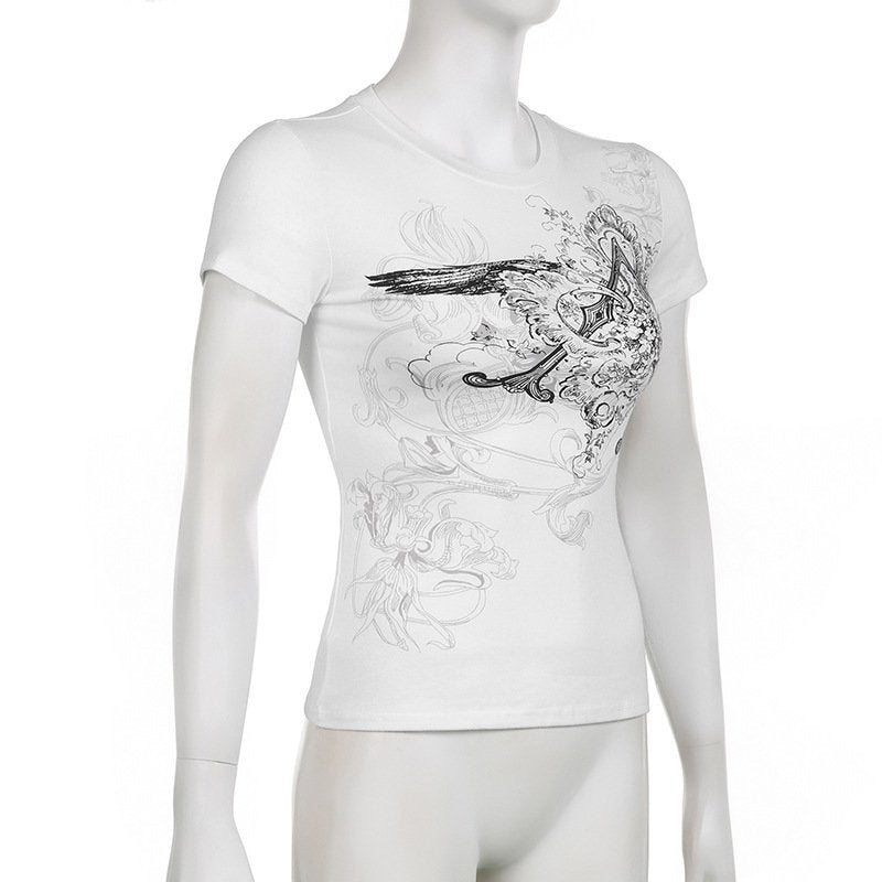レディース Tシャツ 半袖 プリント スリム 春夏 カジュアル 春 夏 膝丈 ラウンドネック クルーネック シャツ ストリート ポリエステル