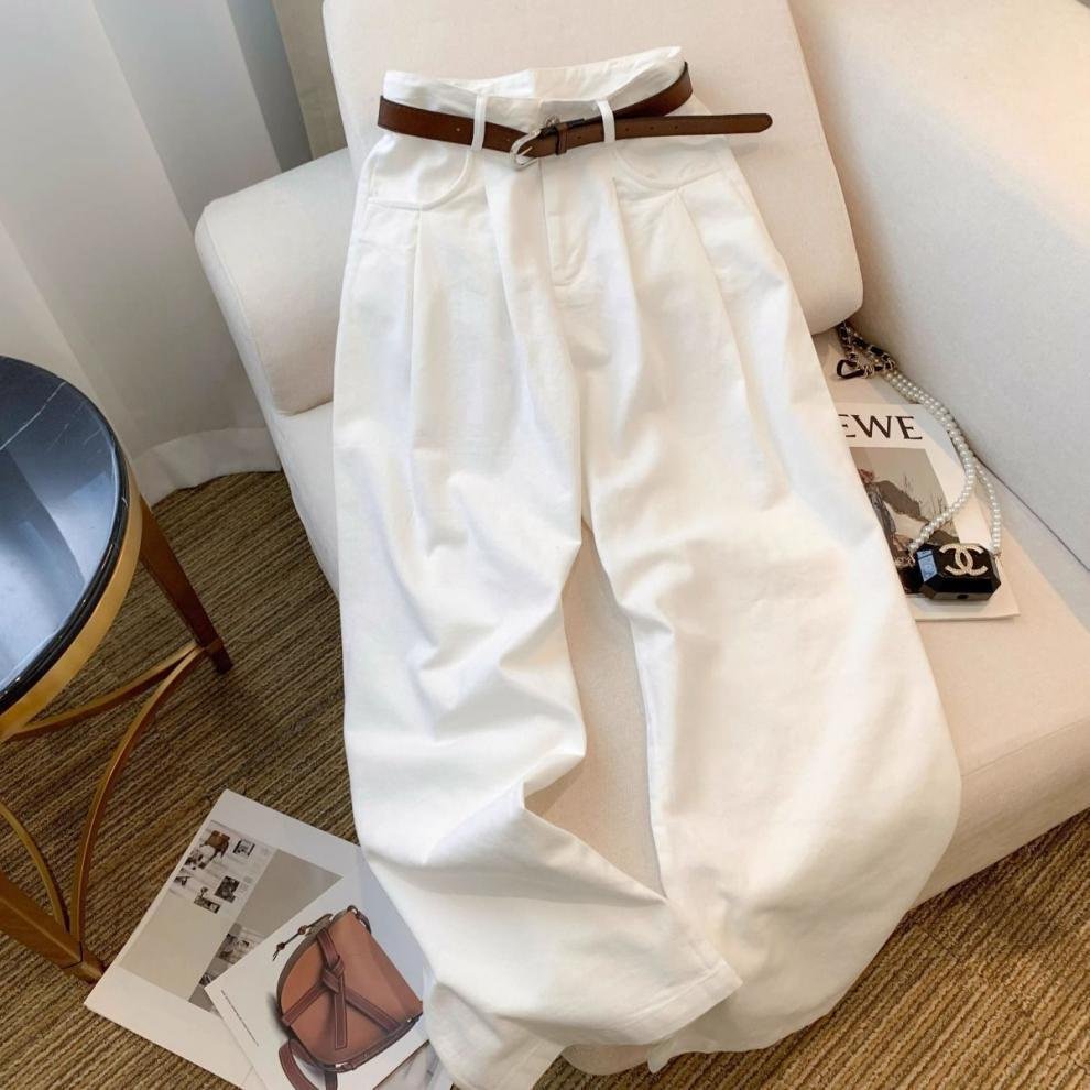 レディース パンツ ゆったり ワイド コットン 綿 デニム 秋冬 秋 カジュアル プリーツ 白 冬 スリム ストレートパンツ ロング ストレート デニムパンツ ハイウエスト