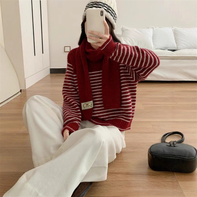 レディース トップス ニット 長袖 ボーダー ストライプ チェック柄 ゆったり 秋冬 秋 体型カバー ミニ 膝丈 ラウンドネック 冬 暖かい 切り替えデザイン セーター プルオーバー スカーフ フェミニン 配色