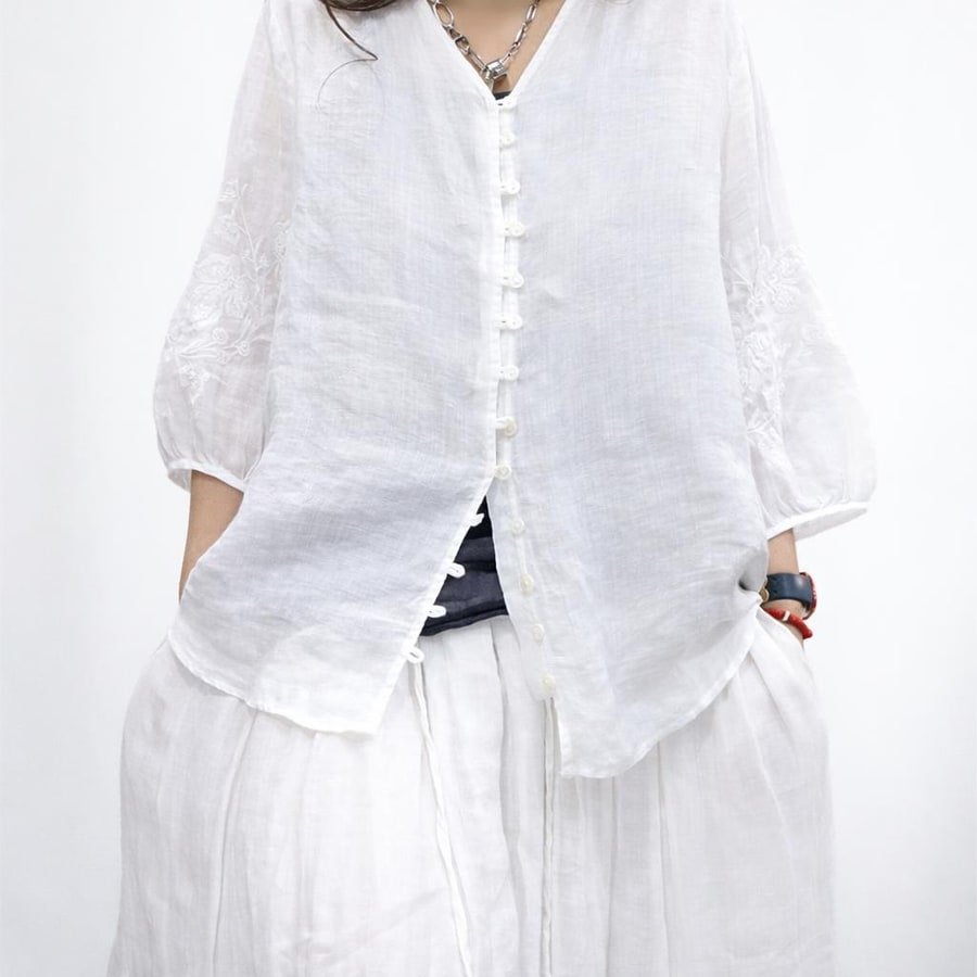 シャツ カーディガン 無地 ゆったり ワイド 麻 春夏 カジュアル レトロ 体型カバー 前開き Vネック 春 夏 シンプル 刺繍 レギュラー ボタン