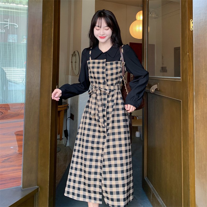 ワンピース 長袖 チェック柄 春 秋 レトロ 春夏 ぽっちゃり 襟付き
