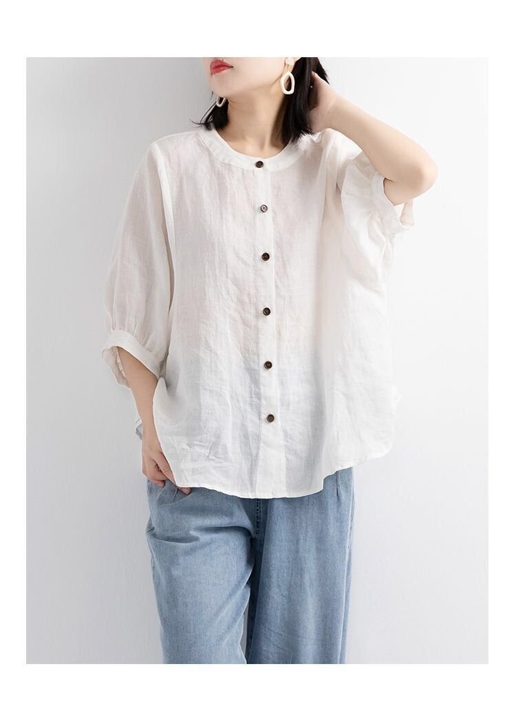 レディース シャツ トップス 半袖 無地 ゆったり コットン 綿 麻 春夏 カジュアル きれいめ レトロ 大きいサイズ 前開き 春 夏 ラウンドネック シンプル 上品 レギュラー