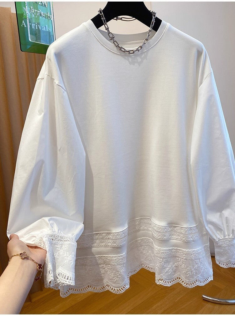 ランタンスリーブ レディース トップス ロンT カットソー チュニック ミディアム Tシャツ ミドル丈 長袖 ボリューム袖 ドロップショルダー クルーネック 襟なし ストレート 切り替え フェミニン レース かわいい 大人可愛い きれいめ シンプル カジュアル 上品 おしゃれ こなれ感 抜け感 ナチュラル 無地 春 秋 ママ 学生 学校 通学 デート お出かけ 旅行 公園 女子会 休日 重ね着 コーデ 体型カバー 普段使い 着回し レイヤード 流行 M L XL 2XL 3XL 4XL ゆったり 白