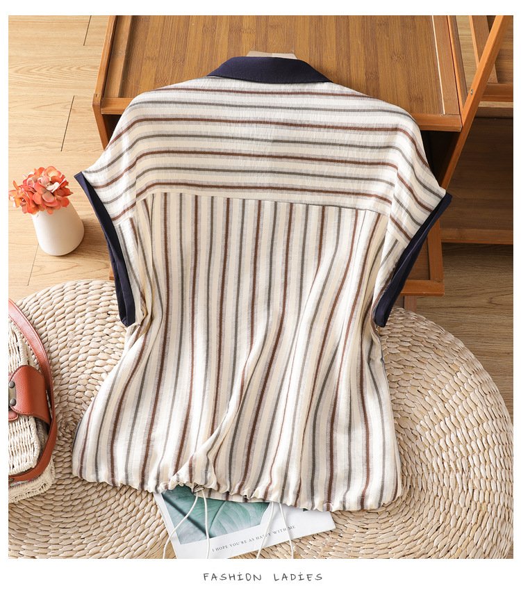 レディース シャツ トップス Tシャツ 半袖 ノースリーブ ボーダー ストライプ ゆったり コットン 綿 春夏 きれいめ 通勤 体型カバー おしゃれ 夏服 前開き 袖なし 春 夏 ママ 切り替えデザイン 都会的 レギュラー ボタン