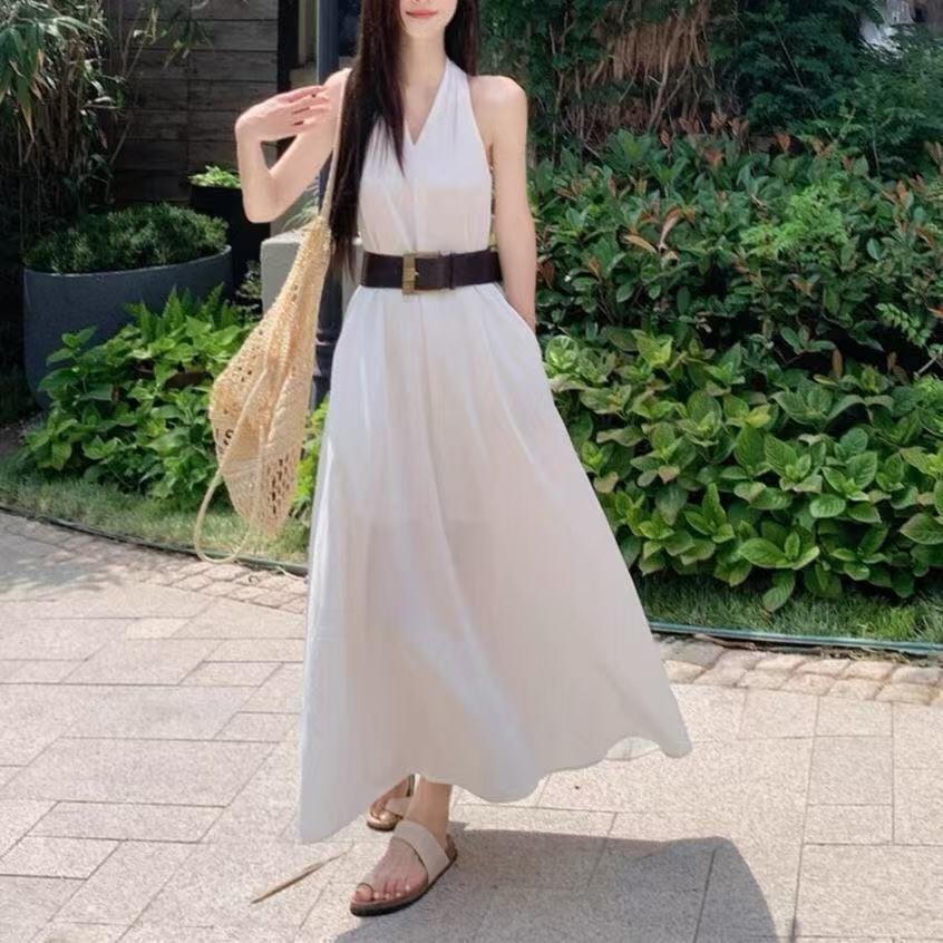 ワンピース ノースリーブ 無地 春夏 きれいめ 通勤 袖なし Vネック 春 夏 シンプル ロング ホワイト Aライン ブラック パープル アプリコット