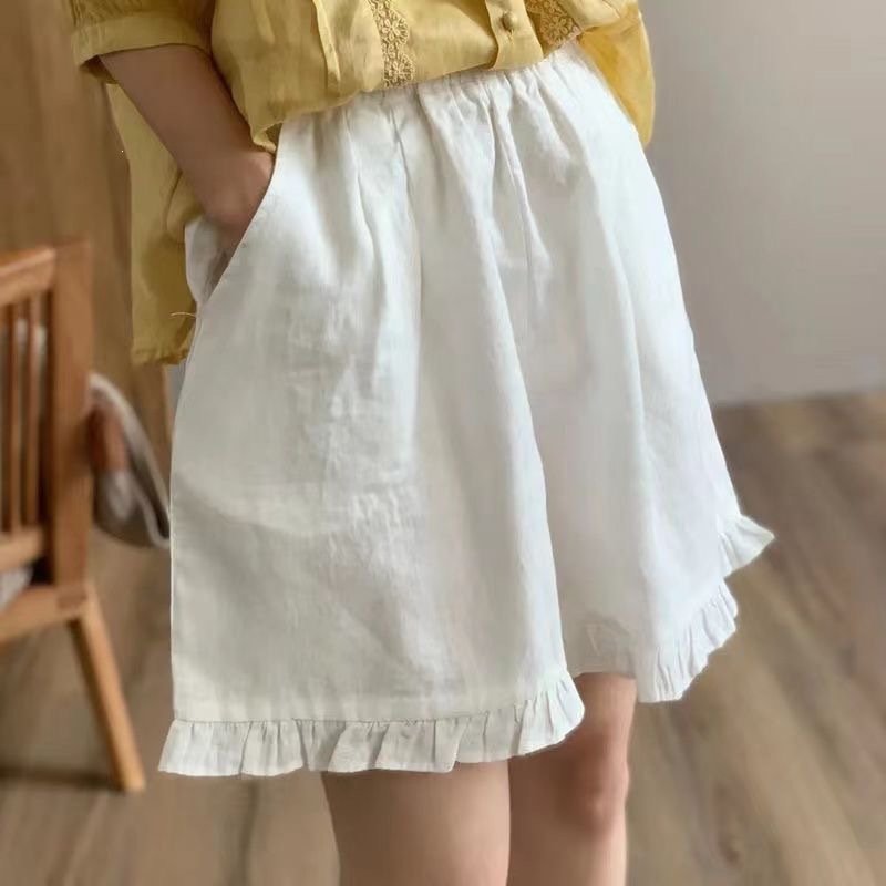 レディース パンツ 無地 ワイド コットン 綿 麻 春夏 カジュアル レトロ 春 ショート 夏 ショートパンツ シンプル フリル リボン ワイドパンツ 切り替えデザイン ポリエステル
