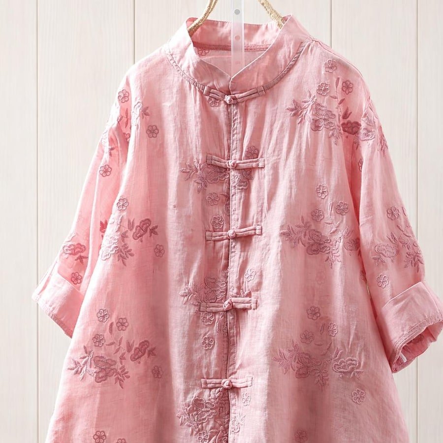 レディース シャツ トップス 半袖 ゆったり 麻 春夏 レトロ 前開き 春 夏 刺繍 ボタン 立ち襟