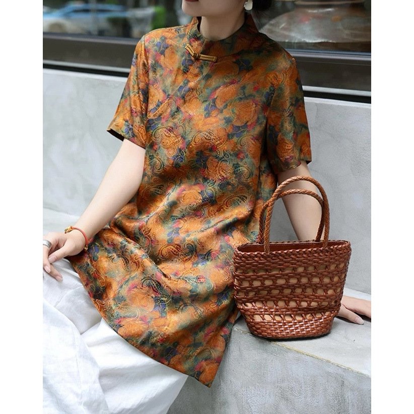 シャツ 半袖 春夏 きれいめ 前開き 春 夏 膝丈 上品 スリット スタンドカラー スーツ ポリエステル